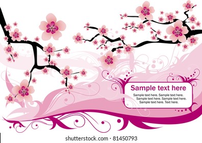 abstract white background with cherry blossom and banner