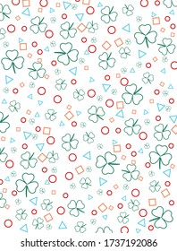 Abstract white background with clover and geometric shapes. Multi-colored lines. Vector illustration