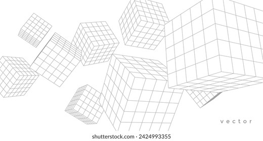  Abstract white background from cubes and lines. Linear geometric drawing. Vector illustration.