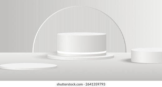 Abstract white background with cylindrical podium for displaying products, 3D white and grey cylindrical pedestal with curved background and cave wall, Vector illustration