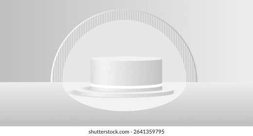 Abstract white background with cylindrical podium for displaying products, 3D white and grey cylindrical pedestal with curved background and cave wall, Vector eps10