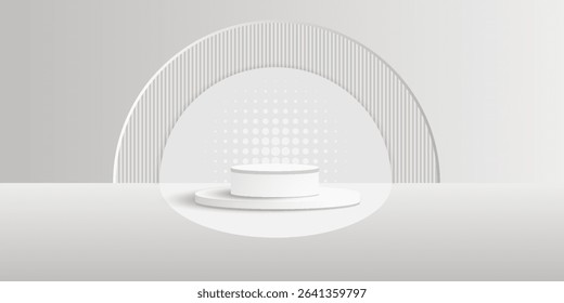 Abstract white background with cylindrical podium for displaying products, 3D white and grey cylindrical pedestal with curved background and cave wall, Vector illustration