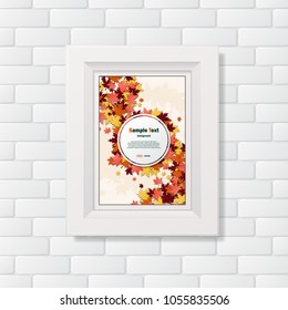 Abstract white background with different grunge bricks and white picture frame with autumn leaves placard