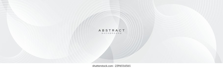 Abstract white background with glowing circle lines. Modern elegant white and gray geometric shape design. Minimal geometric. Futuristic concept. Suit for header, cover, banner, brochure, web, flyer