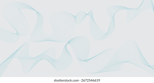 Abstrakter weißer Hintergrund mit glühenden wellenförmigen Linien, blauer violetter Farbverlauf, moderner Technologiestil. Wellenlinien-Hintergrund. Wellen Sie mit Linien und Punkten, die mit dem Verrundungswerkzeug erstellt wurden. Hintergrund für blaue Technologie.