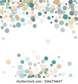 Abstract white background with gold and blue confetti transparent dots. Elements of different size and color. Suitable for backgrounds for greeting cards and posters, New Year's design