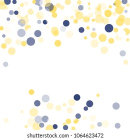 Abstract white background with golden, blue confetti transparent dots. Elements of different size, color, suitable backgrounds greeting cards, posters, new year design