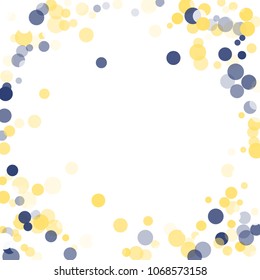 Abstract white background with golden, blue confetti transparent dots. Elements of different size, color, suitable backgrounds greeting cards, posters, new year design