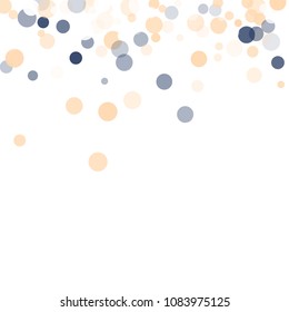 Abstract white background with golden, blue confetti transparent dots. Elements of different size, color, suitable backgrounds greeting cards, posters, new year design