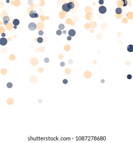 Abstract white background with golden, blue confetti transparent dots. Elements of different size, color, suitable backgrounds greeting cards, posters, new year design