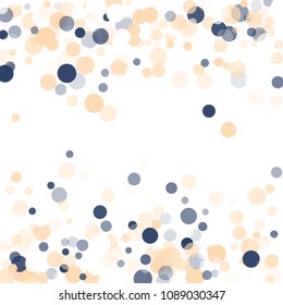 Abstract white background with golden, blue confetti transparent dots. Elements of different size, color, suitable backgrounds greeting cards, posters, new year design