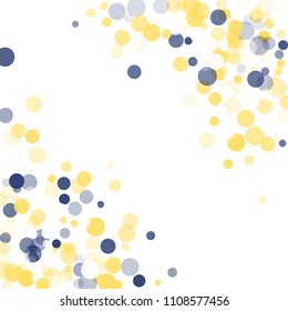 Abstract white background with golden, blue confetti transparent dots. Elements of different size, color, suitable backgrounds greeting cards, posters, new year design