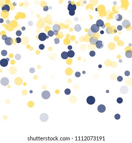 Abstract white background with golden, blue confetti transparent dots. Elements of different size, color, suitable backgrounds greeting cards, posters, new year design