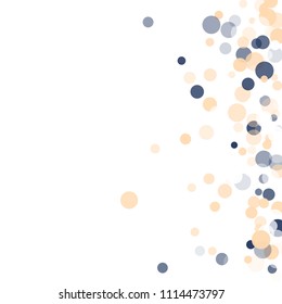 Abstract white background with golden, blue confetti transparent dots. Elements of different size, color, suitable backgrounds greeting cards, posters, new year design