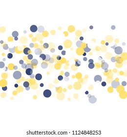 Abstract white background with golden, blue confetti transparent dots. Elements of different size, color, suitable backgrounds greeting cards, posters, new year design