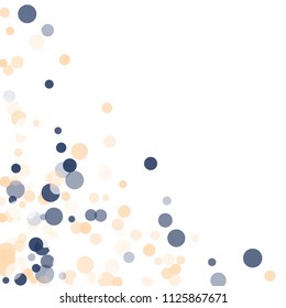 Abstract white background with golden, blue confetti transparent dots. Elements of different size, color, suitable backgrounds greeting cards, posters, new year design