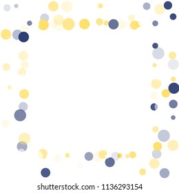 Abstract white background with golden, blue confetti transparent dots. Elements of different size, color, suitable backgrounds greeting cards, posters, new year design
