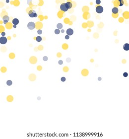 Abstract white background with golden, blue confetti transparent dots. Elements of different size, color, suitable backgrounds greeting cards, posters, new year design