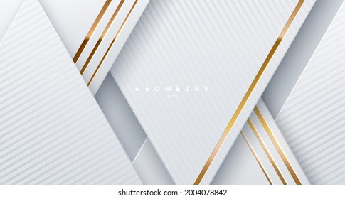 Abstract White Background With Golden Glowing Strings. Vector Illustration. Geometric Backdrop With Textured White Paper Layers. Slanted Shapes. Business Presentation Template. Minimalist Decoration