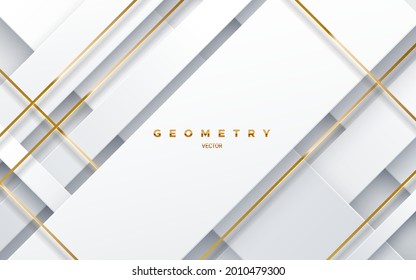 Abstract white background with golden glowing strings. Vector illustration. Geometric backdrop. Interlacing white paper layers. Slanted shapes. Business presentation template. Minimalist decoration