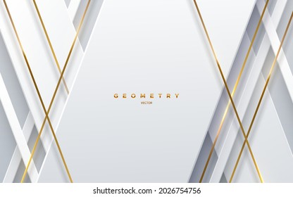 Abstract white background with golden strings. Vector illustration. Geometric backdrop. White paper layers and gold stripes. Slanted shapes. Business presentation template. Minimalist decoration