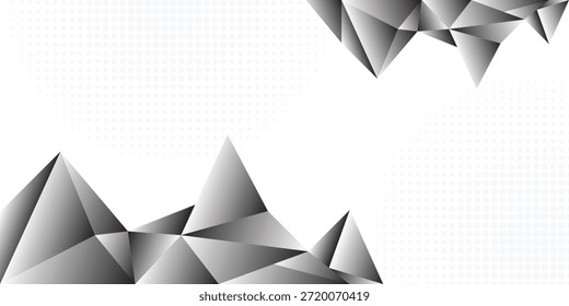 Fondo blanco Abstractas con Formas de polietileno bajas poligonales 3D grises y patrones de puntos de semitono, con una estética geométrica moderna para Anuncios corporativos profesionales y carteles tecnológicos.