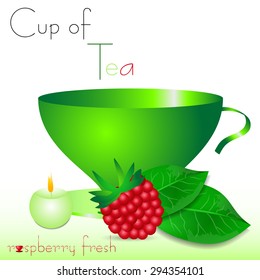 Abstract white background with green cup of tea and red raspberry. Vector illustration