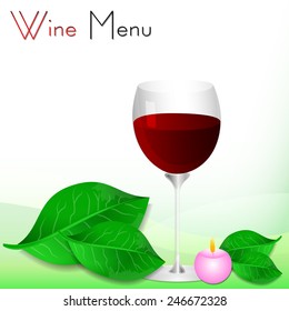 Abstract white background with green leaves and glass of red wine. Wine list. Vector illustration