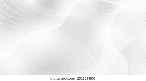 Abstract White Background With Halftone Pattern And Wave Lines. Perspective Wallpaper. Business Banner. Vector Illustration
