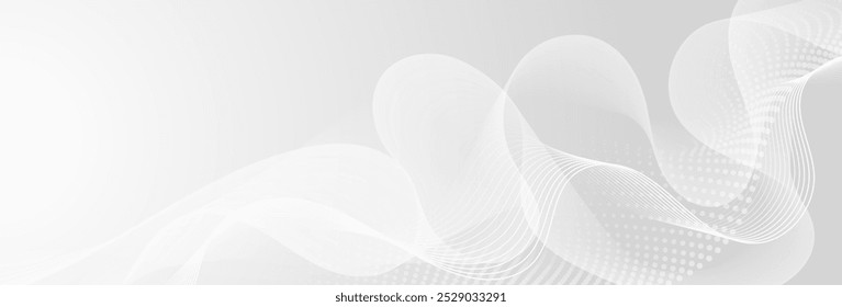 Abstract White Background With Halftone Pattern And Wave Lines. Perspective Wallpaper. Business Banner. Vector Illustration
