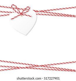 Abstract White Background With Heart Tag Label Tied Up With Red Rope Bakers Twine Bow And Ribbons