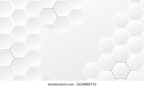 fundo branco abstrato, padrão hexágono, mínimo, geométrico. Formas hexagonais brancas e limpas formam um layout abstrato 3D. Ideal para tecnologia, ciência ou projetos com temática médica, apresentação
