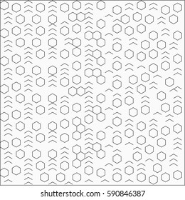Abstract white background with white hexagons and black stroke signs placed randomly around the pattern 