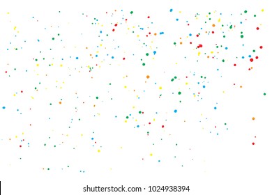 Abstract white background with many splattered paint.  Colorful confetti isolated on white background. Ink drops. Vector.