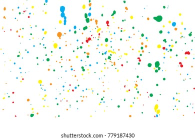 Abstract white background with many splattered paint.  Colorful confetti isolated on white background. Ink drops. Vector.