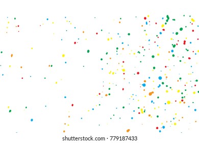 Abstract white background with many splattered paint.  Colorful confetti isolated on white background. Ink drops. Vector.