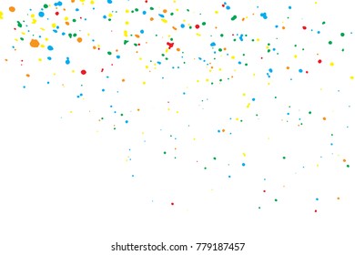 Abstract white background with many splattered paint.  Colorful confetti isolated on white background. Ink drops. Vector.