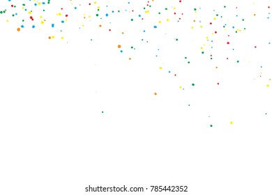 Abstract white background with many splattered paint.  Colorful confetti isolated on white background. Ink drops. Vector.