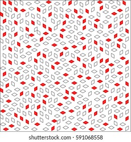 Abstract white background with red and white diamonds with a black rim randomly placed around the drawing
