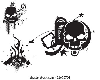 abstract white background with set of grungy skulls