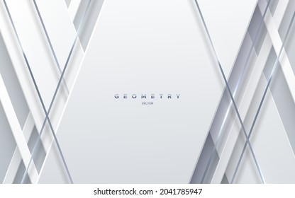 Abstract White Background With Silver Strings. Vector Illustration. Geometric Backdrop. White Paper Layers And Steel Stripes. Slanted Shapes. Business Presentation Template. Minimalist Decoration