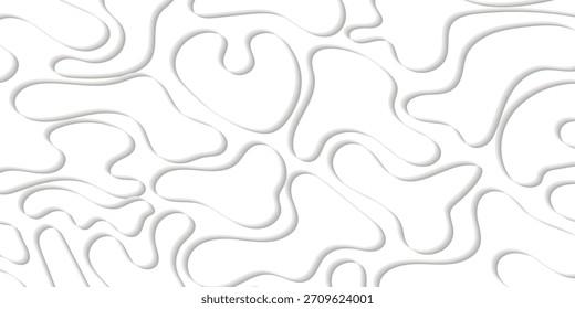 Abstrakter weißer Hintergrund mit glatten, fließenden, organischen Formen, die einen 3D-Schichteffekt oder Prägeeffekt mit weichen grauen Schatten erzeugen.