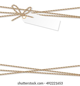 Abstract White Background With Tag Label Tied Up With Rope Bakers Twine Bow And Ribbons