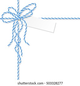 Abstract white background with tag label tied up with blue rope bakers twine bow and ribbons