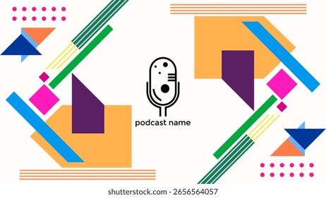 ABSTRACT WHITE BACKGROUND TEMPLATE PODCAST MICROPHONE FLAT BLUE ORANGE PURPLE COLOR DIAGONAL SHAPES DESIGN VECTOR. GOOD FOR COVER DESIGN, BANNER, WEB,SOCIAL MEDIA