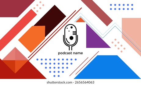 ABSTRACT WHITE BACKGROUND TEMPLATE PODCAST MICROPHONE FLAT BLUE ORANGE PURPLE COLOR DIAGONAL SHAPES DESIGN VECTOR. GOOD FOR COVER DESIGN, BANNER, WEB,SOCIAL MEDIA