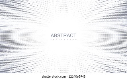 Abstract white background textured with halftone pattern. Vector illustration. Decoration element with stamped dotted ornament. Creative cover design template. Bursting light rays shape