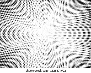 Abstract white background textured with halftone pattern. Vector illustration. Decoration element with stamped dotted ornament. Creative cover design template. Bursting light rays shape