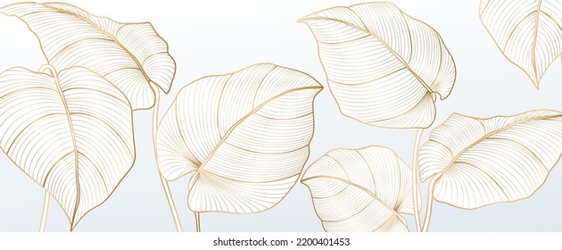 Abstract white background with tropical leaves in golden line style. Botanical art banner for wallpaper design, decor, print, interior design, textile, packaging.