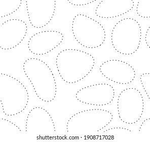 Abstract white background with a variety of spots with dotted lines. Uneven, white circles. In the form of water drops. Minimalism. Empty space, vector image.